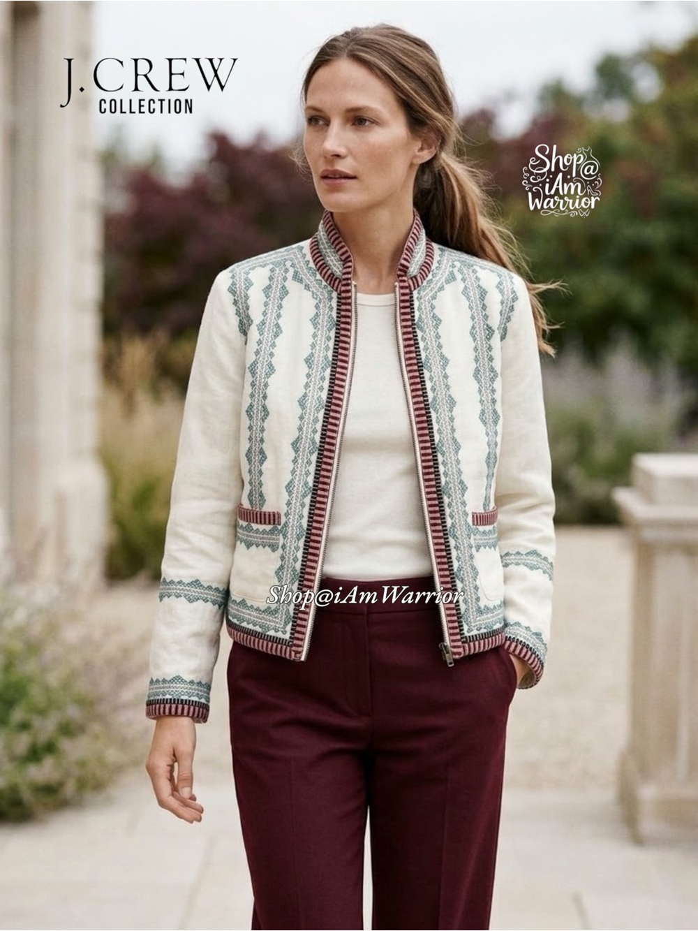 J.Crew Collection NWT Embroidered Boho Ribbon Trim Zip Front Ivory Jacket